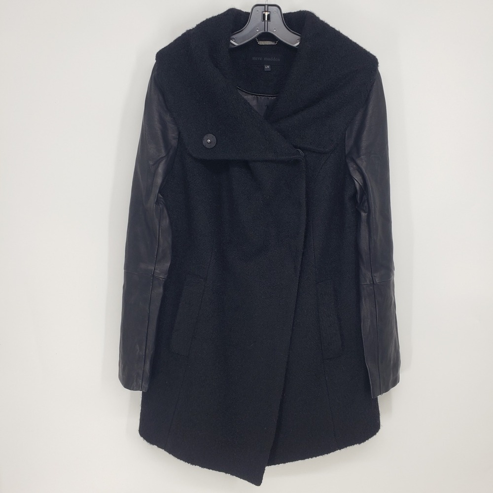 Steve Madden Faux Leather Sleeve Wool Blend Asymmetrical Moto Coat Women L Black